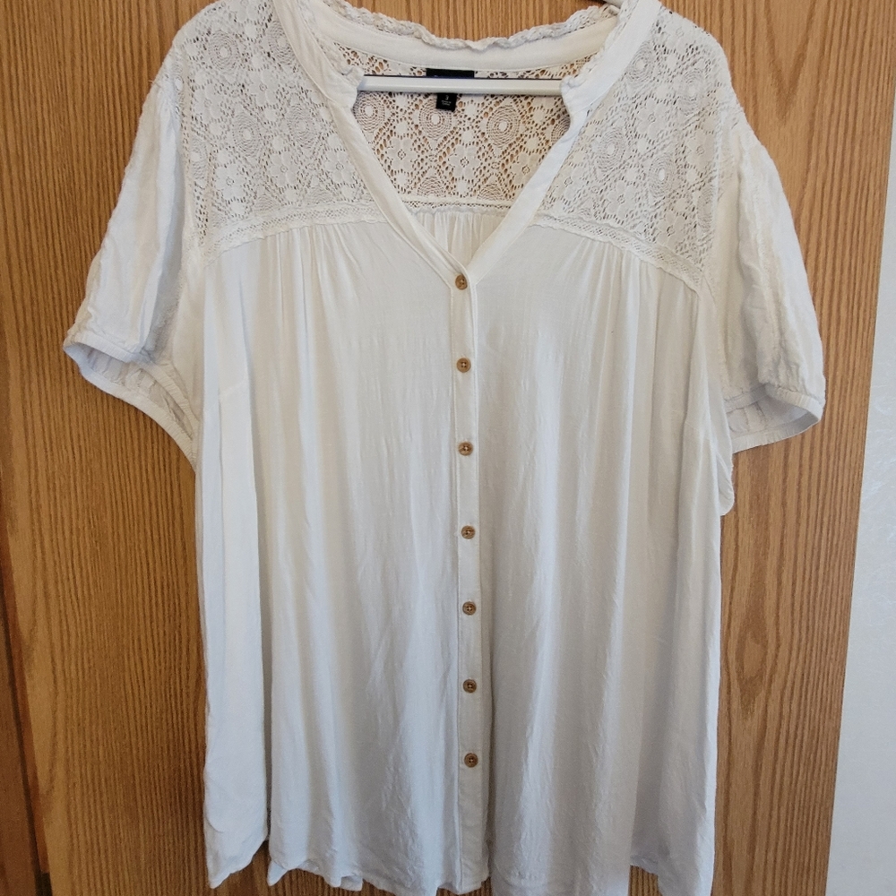 Torrid White Stretch Woven Lace Inset Button Front Blouse